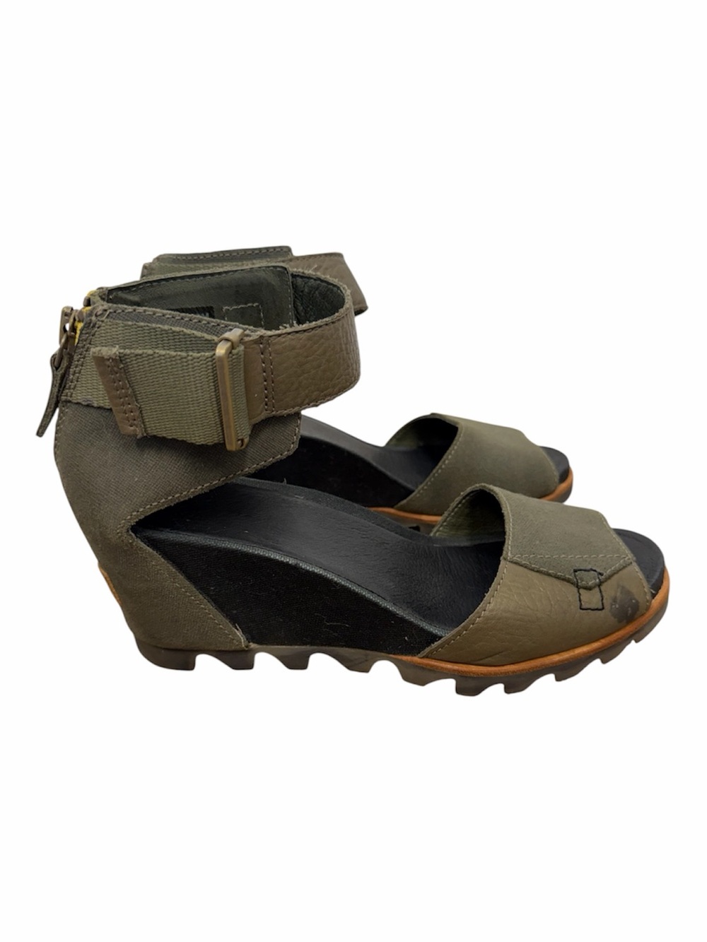 Sorel Joanie II Platform Olive Green Ankle-Strap Wedge Sandals Size 7.5